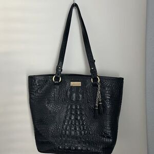 Brahmin Medium Asher Tote Black Croc Embossed Leather Shoulder Bag Gold Hardware